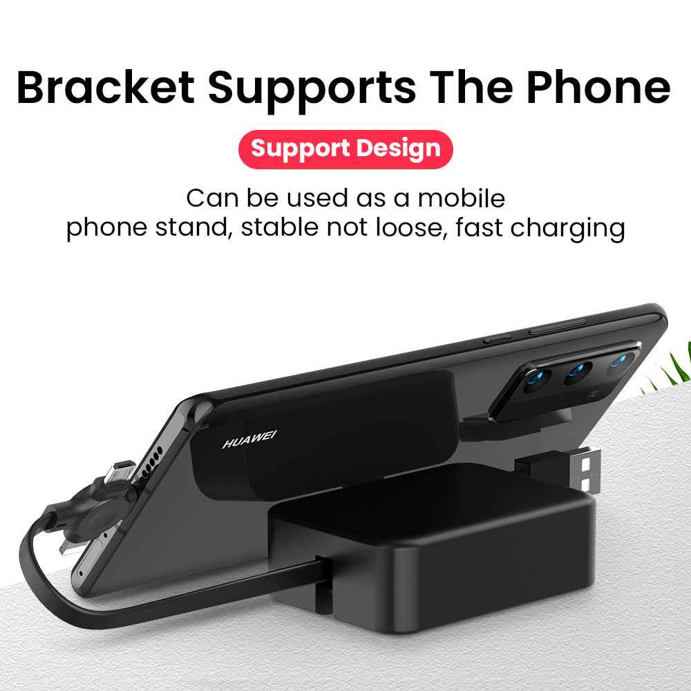 4 in 1 Retractable USB Cable with Phone Stand and Storage Box for iPhone, Type C, Micro Charging and Data Line