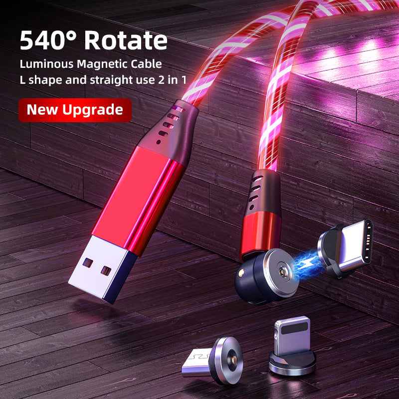 Luminous Magnetic Charging Cable with Fast Charger 2025 – The Brightest Lifesaver in My Digital Life 540 Rotate Luminous Magnetic Charging Cable 3A Fast Charge for Mobile Phones, LED Micro USB Type C, iPhone Cable