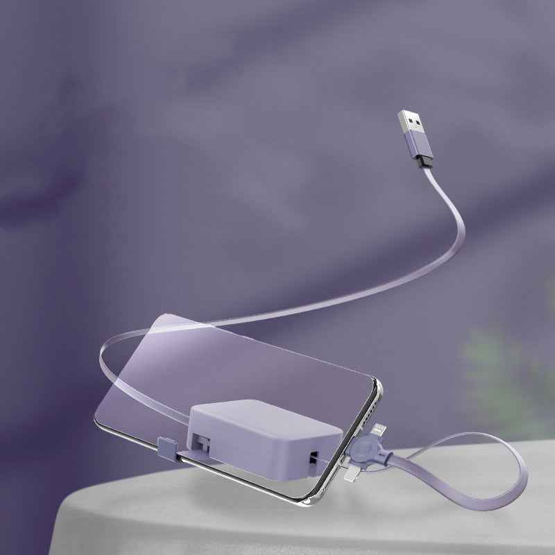 4 in 1 Retractable USB Cable with Phone Stand and Storage Box for iPhone, Type C, Micro Charging and Data Line