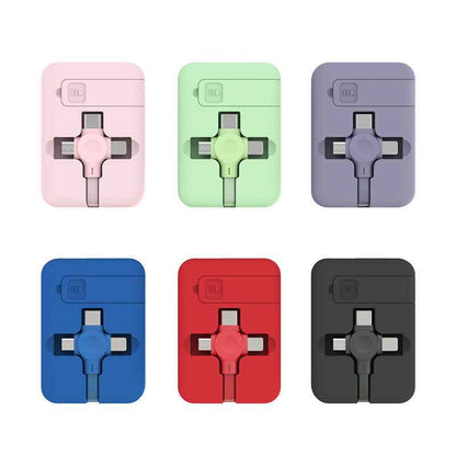 4 in 1 Retractable USB Cable with Phone Stand and Storage Box for iPhone, Type C, Micro Charging and Data Line