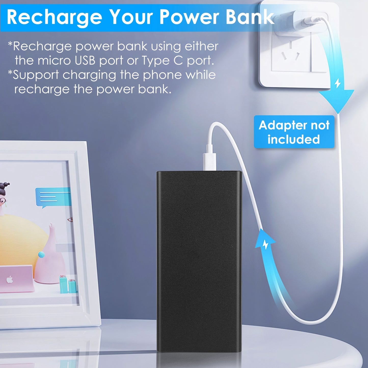 Portable 20000mAh Power Bank with Dual USB Output and Type C Micro USB Input