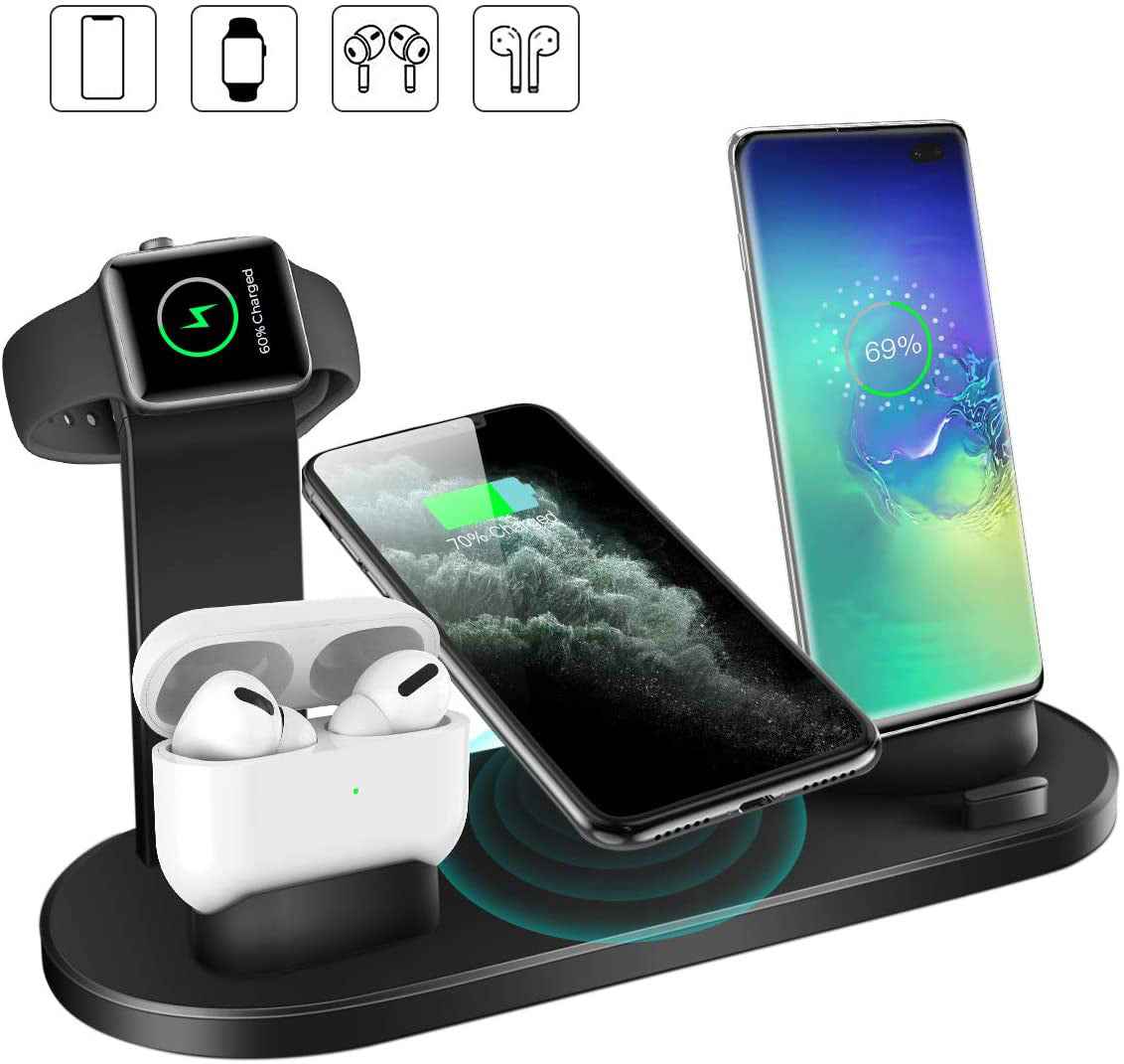 4-in-1 Wireless Charger Dock 9V Battery Charging Speed for Apple Watch Series 8 7, iPhone 15 14 13 12 Pro, AirPods Pro 3 2