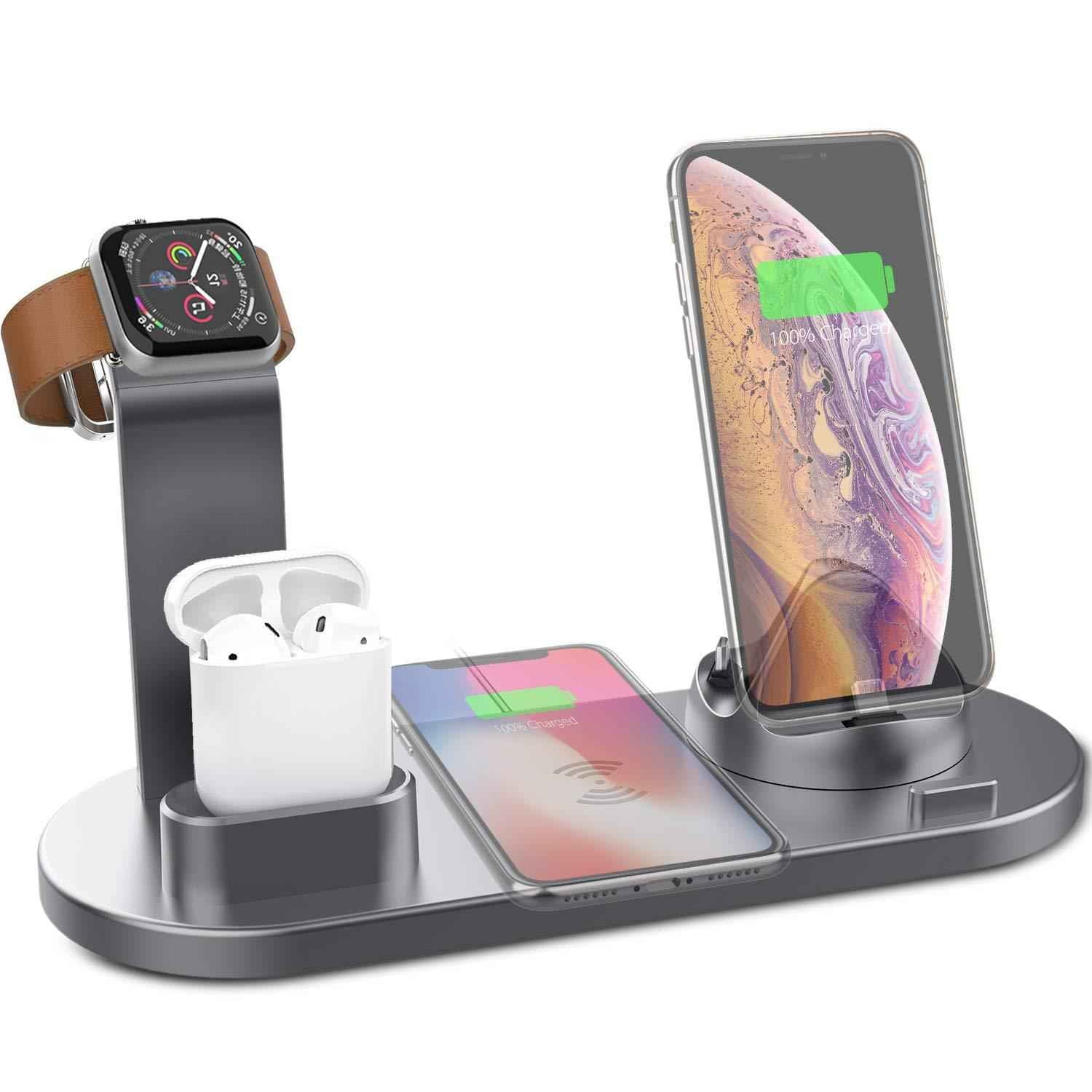 4-in-1 Wireless Charger Dock 9V Battery Charging Speed for Apple Watch Series 8 7, iPhone 15 14 13 12 Pro, AirPods Pro 3 2