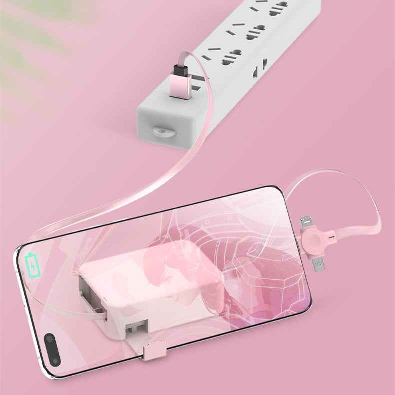 4 in 1 Retractable USB Cable with Phone Stand and Storage Box for iPhone, Type C, Micro Charging and Data Line