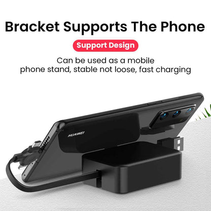 4 in 1 Retractable USB Cable with Phone Stand and Storage Box for iPhone, Type C, Micro Charging and Data Line