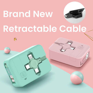 4 in 1 Retractable USB Cable with Phone Stand and Storage Box for iPhone, Type C, Micro Charging and Data Line