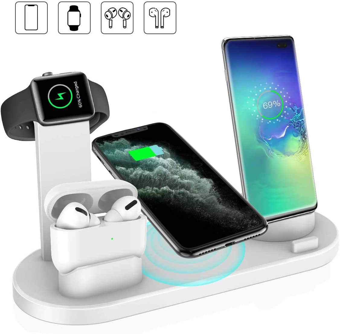 4-in-1 Wireless Charger Dock 9V Battery Charging Speed for Apple Watch Series 8 7, iPhone 15 14 13 12 Pro, AirPods Pro 3 2