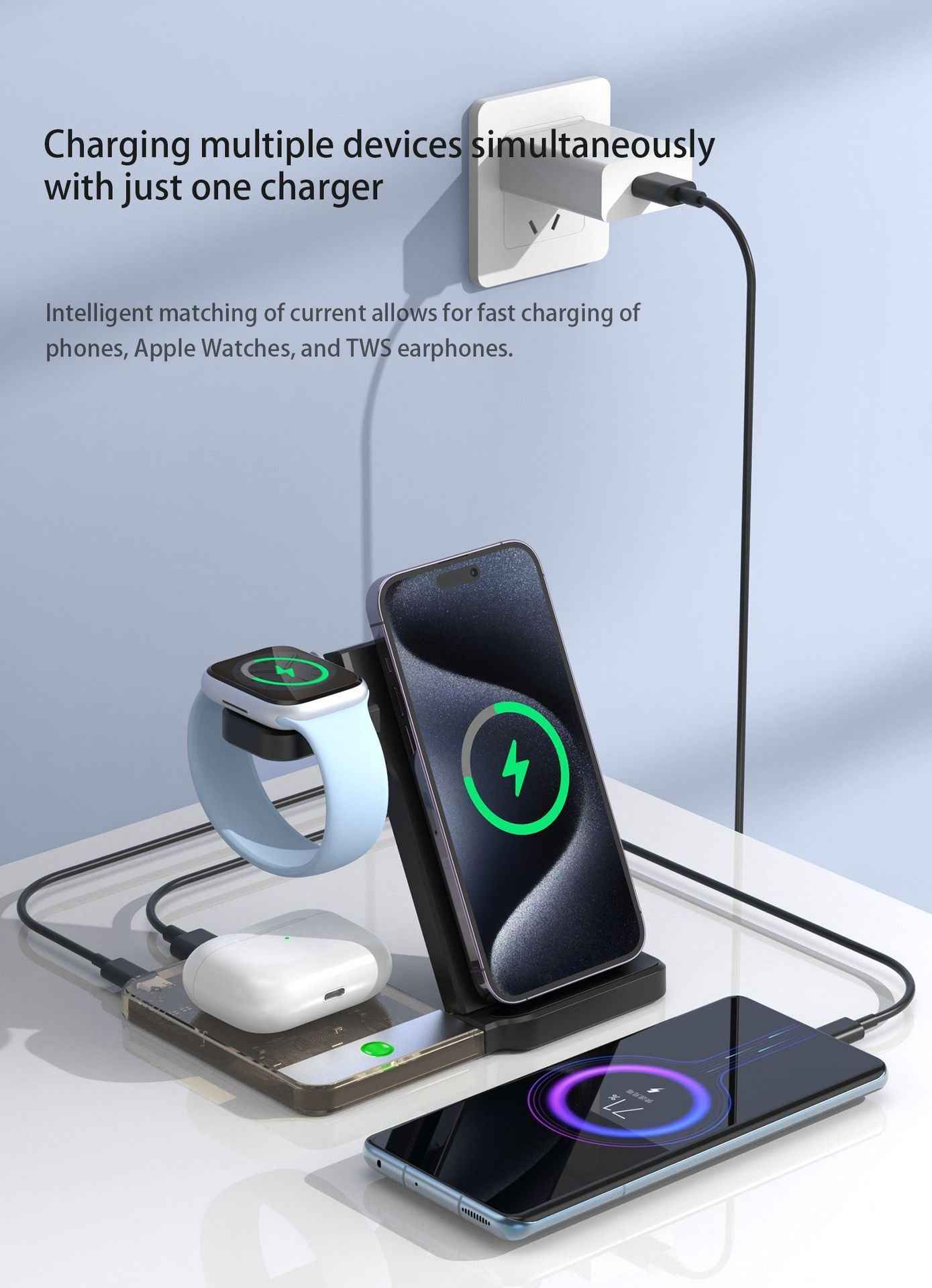 Desktop Wireless Charging Stand - Magnetic Three-in-One Foldable Charger