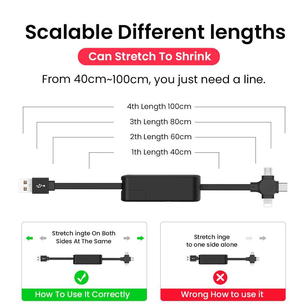 4 in 1 Retractable USB Cable with Phone Stand and Storage Box for iPhone, Type C, Micro Charging and Data Line