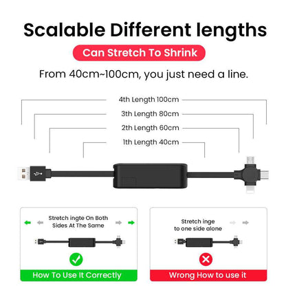 4 in 1 Retractable USB Cable with Phone Stand and Storage Box for iPhone, Type C, Micro Charging and Data Line